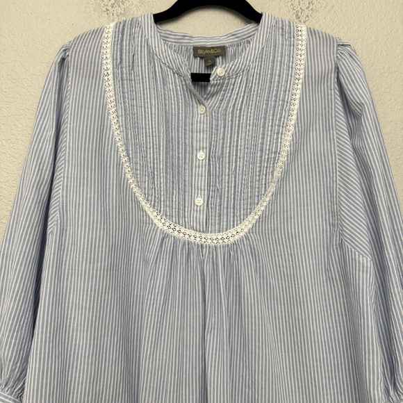 Style & Co Blue Stripe Lace Trim Pintuck Blouse Boho Peasant Top Size XL - Picture 4 of 16